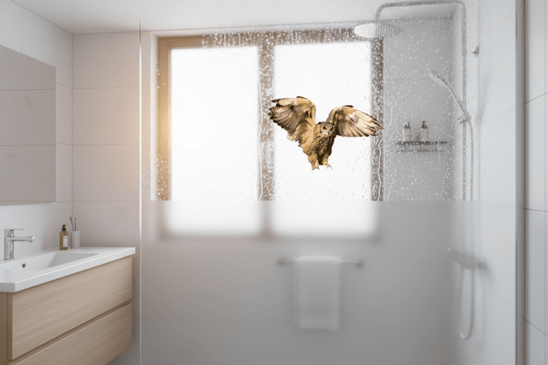Flying Owl on Bathroom Glass