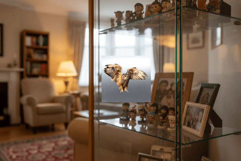 Flying Owl on Glass Cabinet