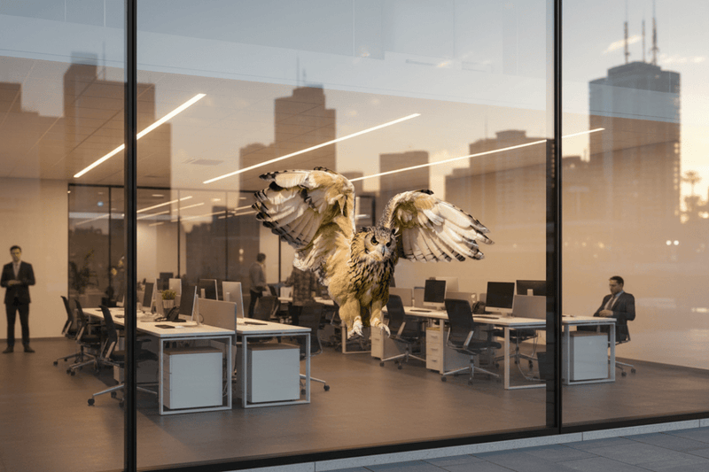 Flying Owl on Office Glass