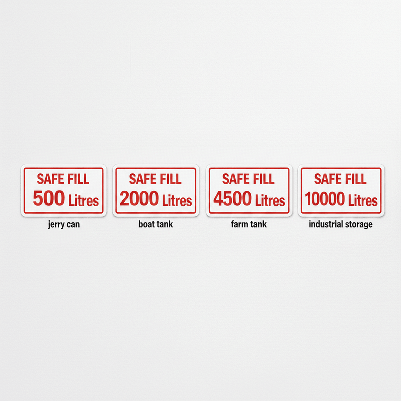 Four Safe Fill stickers showing 500L 2000L 4500L 10000L capacities