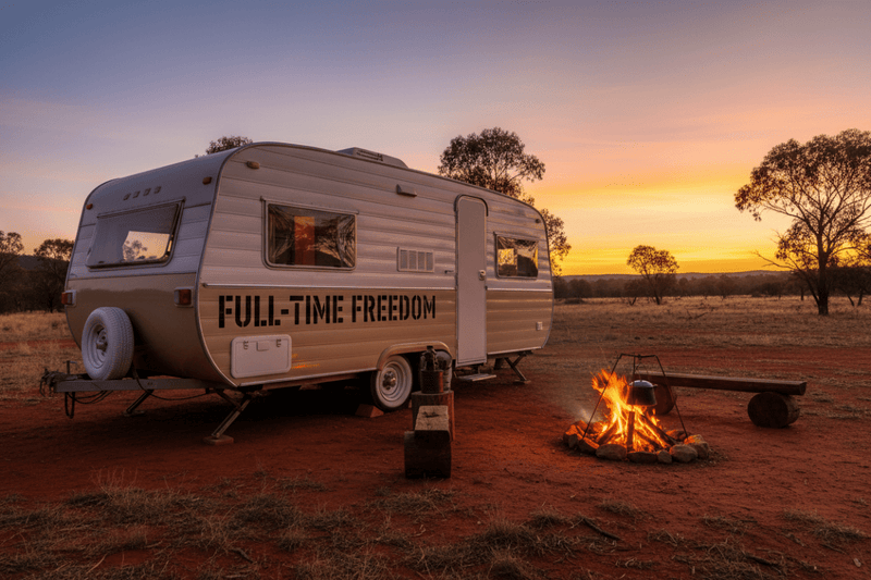 Full-Time Freedom - retro caravan sunset