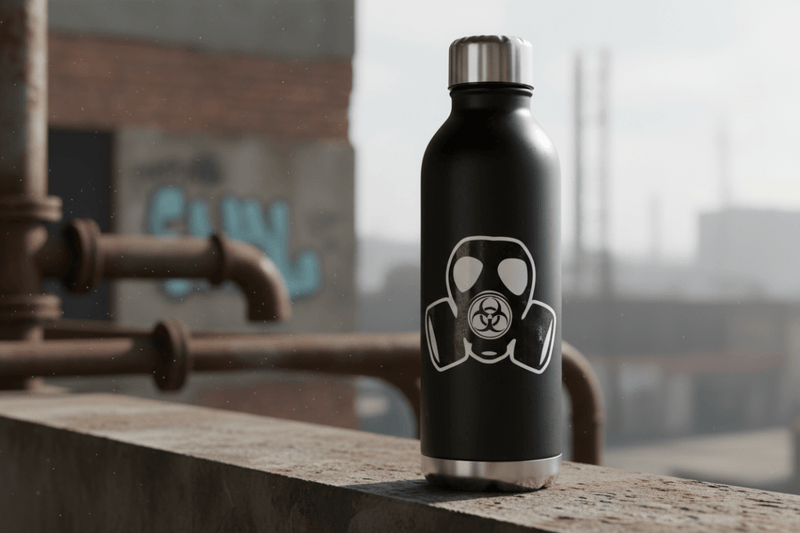 Gas Mask Hazard on Water Bottle