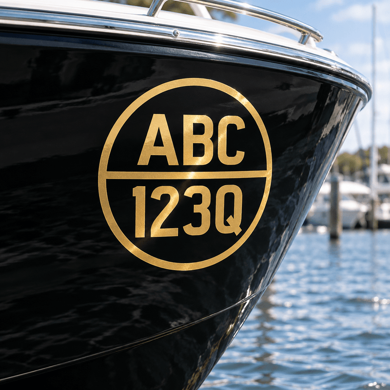 Gold cut-vinyl round boat registration decal on a black hull
