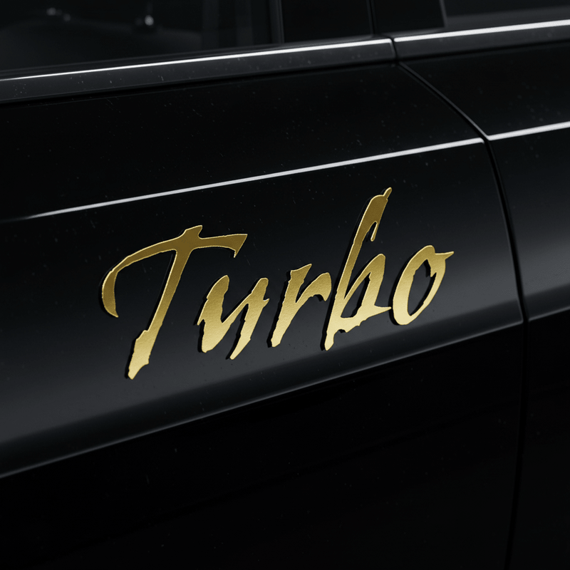 Gold Gothic Turbo sticker on black panel