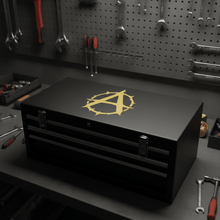 Load image into Gallery viewer, Gold on black toolbox lid Gothic Thorn Anarchy Symbol Vinyl Sticker
