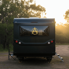 Load image into Gallery viewer, Gold on caravan rear window Gothic Thorn Anarchy Symbol Vinyl Sticker
