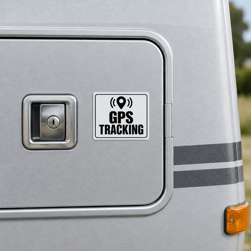 GPS Tracking Sticker beside the latch on a silver caravan storage hatch