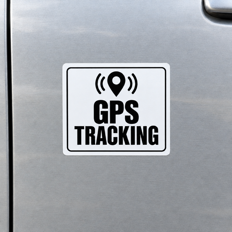 GPS Tracking Sticker in black on white vinyl on a silver vehicle door, front view