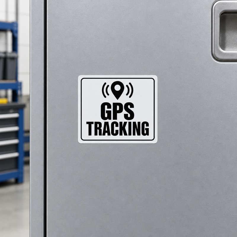 GPS Tracking Sticker on a silver equipment storage cabinet door