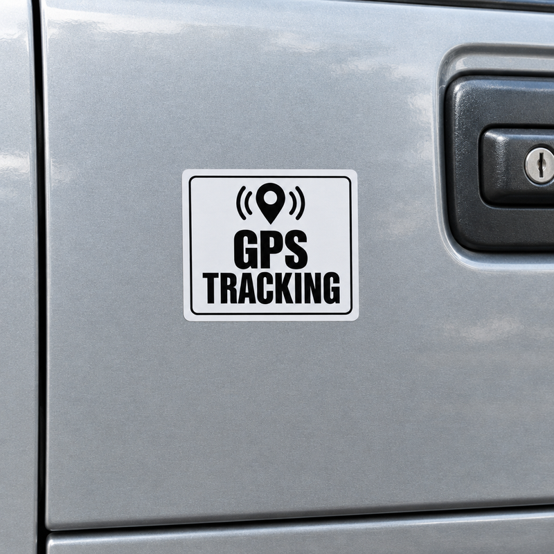 GPS Tracking Sticker on a silver ute canopy access door
