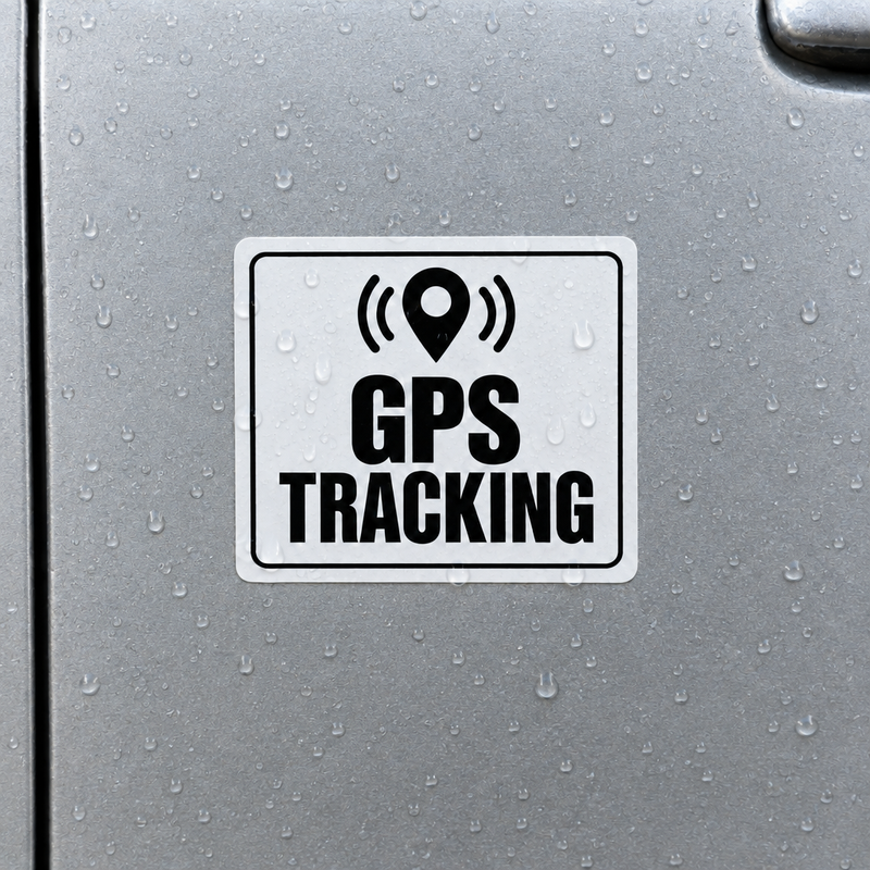 GPS Tracking Sticker on a silver vehicle door with water droplets on the white label