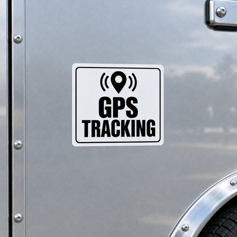 GPS Tracking Sticker on the silver side panel of an enclosed trailer