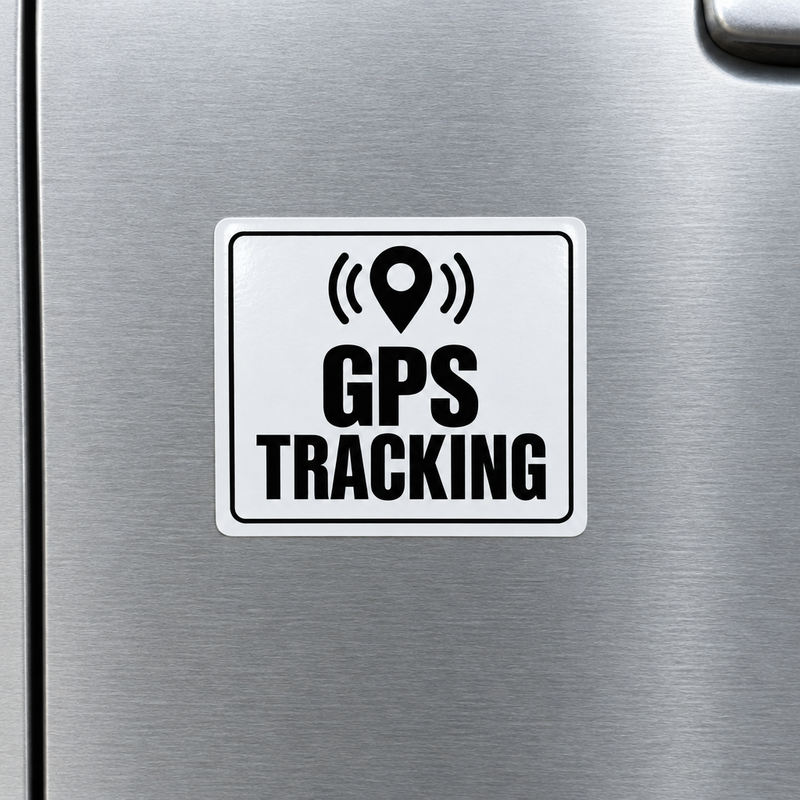 GPS Tracking Sticker showing black print, white vinyl and rounded edges on a silver door