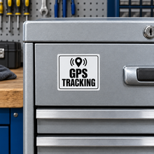Load image into Gallery viewer, GPS Tracking Sticker with black lettering on a silver workshop toolbox
