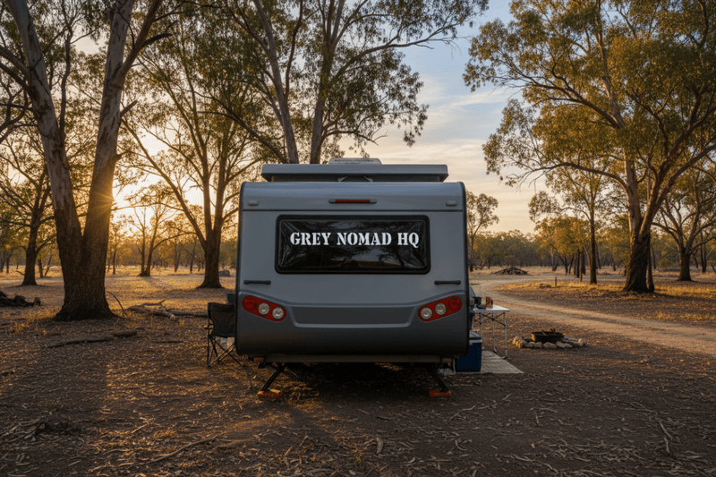 Grey Nomad HQ - pop-top caravan white stencil