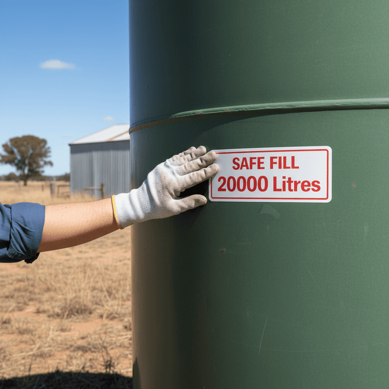 Hand applying Safe Fill 2000 Litres sticker to farm fuel tank