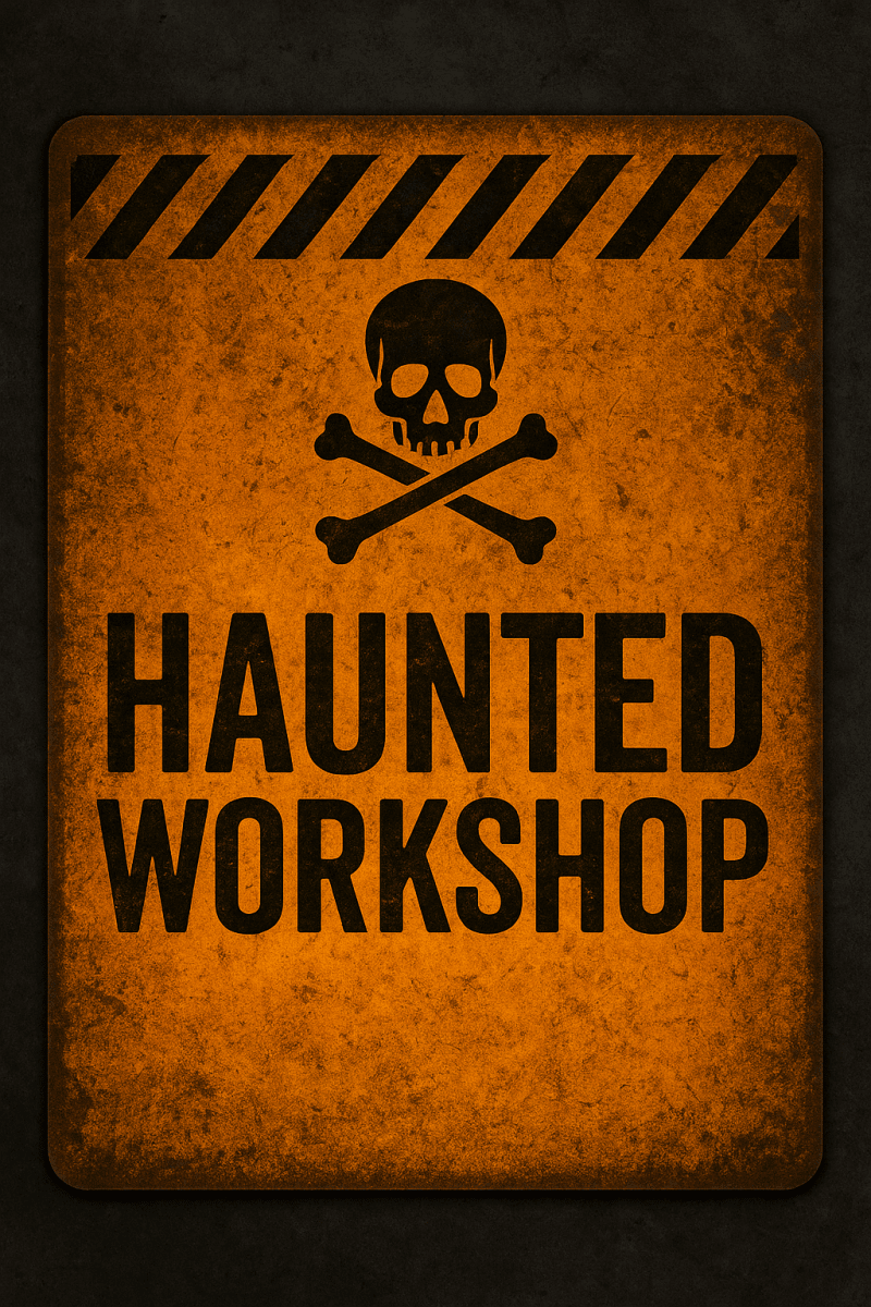 Warning sign with skull and crossbones symbol and 'Haunted Workshop' text on a dark background