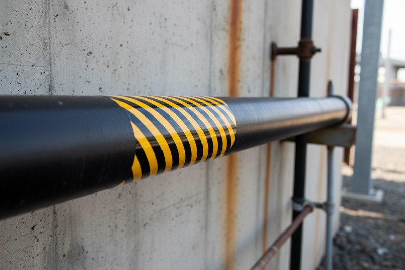 Hazardous marker on black steel pipe