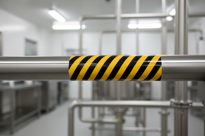 Hazardous marker on stainless steel pipe