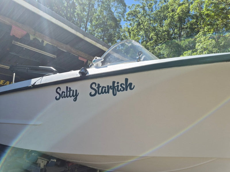Boat named 'Salty Starfish' with a blurred background of trees and a building.