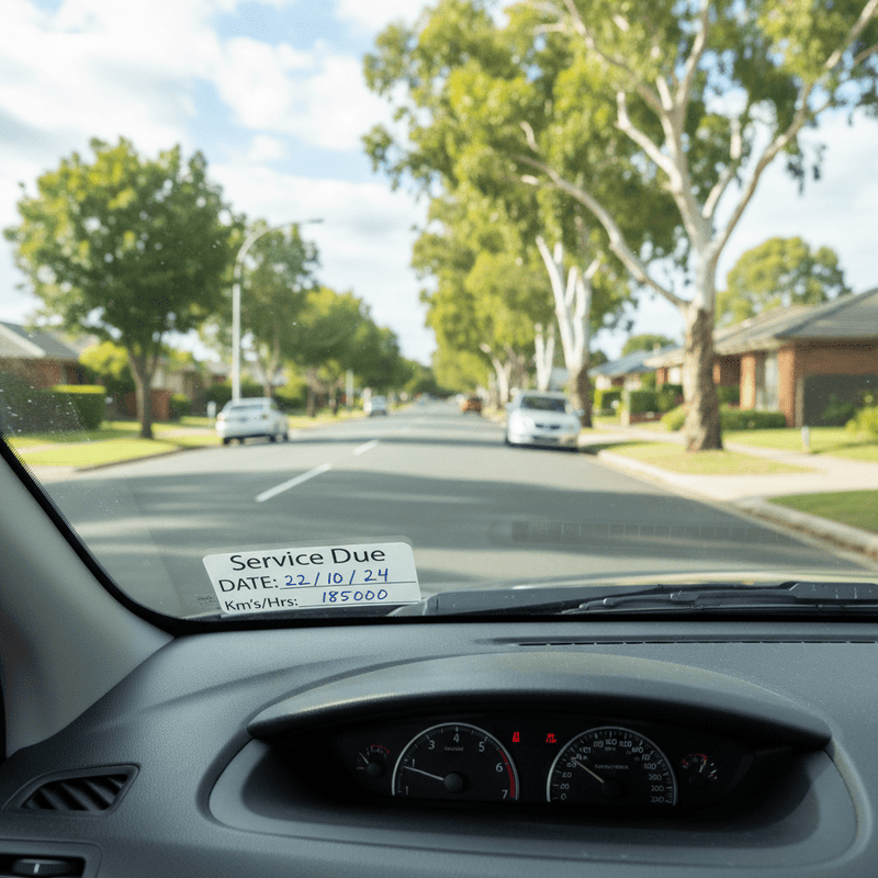 Inside car windscreen view with service due sticker on glass