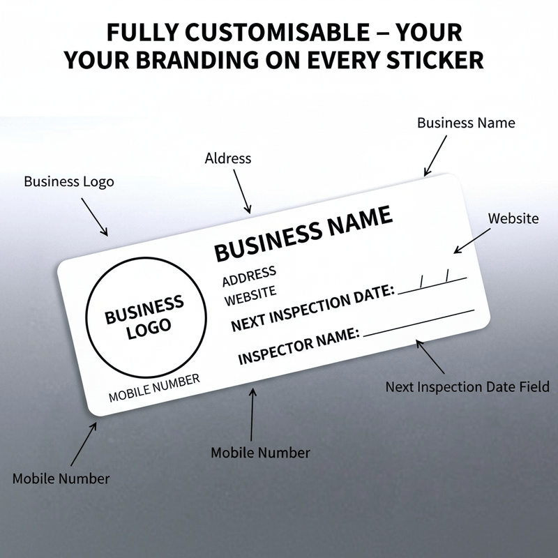 Labelled diagram showing logo name mobile address website inspection fields