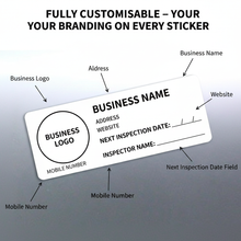 Load image into Gallery viewer, Labelled diagram showing logo name mobile address website inspection fields
