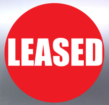 Load image into Gallery viewer, Red circle with 'LEASED' text on a gray background decal
