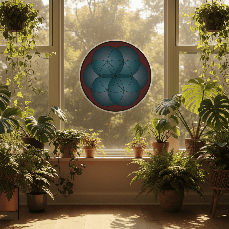 Life Mandala clear window sticker in a sunroom