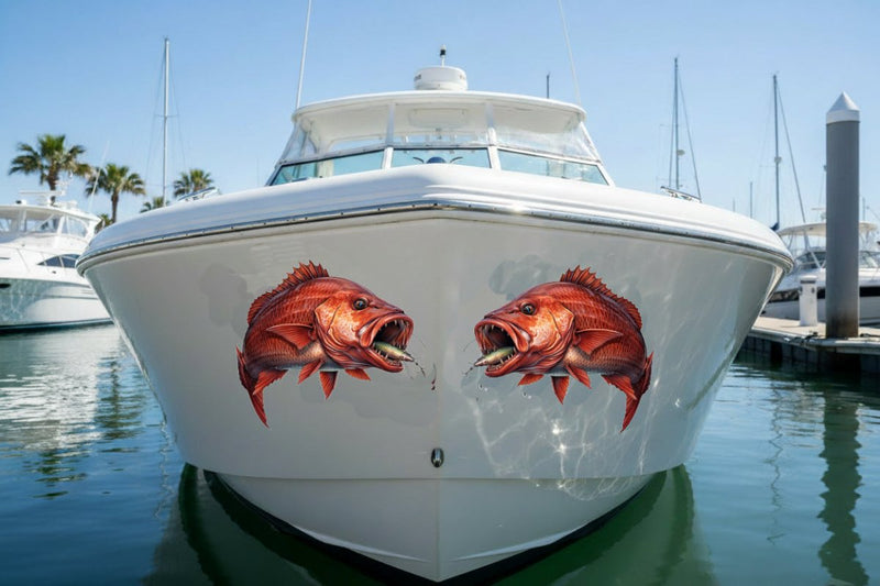 White boat with mangrove jack fish decals on a dock with palm trees in the background