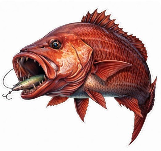 Illustration of a large mangrove jack fish with an open mouth holding a fishing lure on a white background