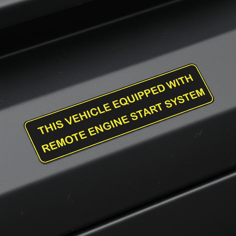 Mechanic remote start warning sticker on a workbench