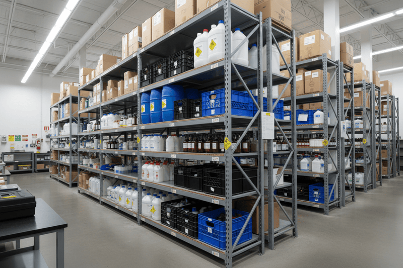 Multiple stickers on warehouse chemical storage