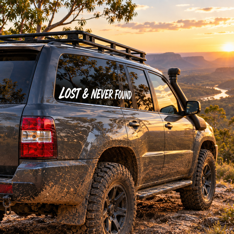 Name on car Sticker, Lost and Never Found adventure concept