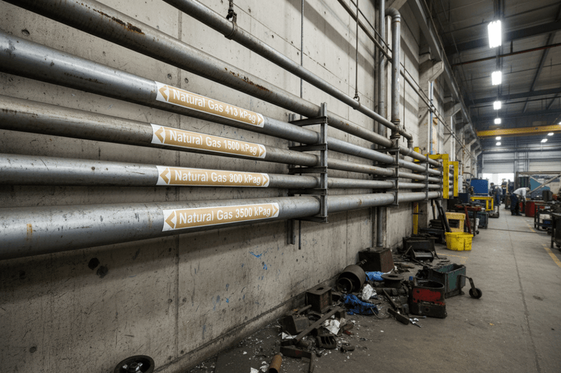Natural Gas pipe markers on multiple pipes