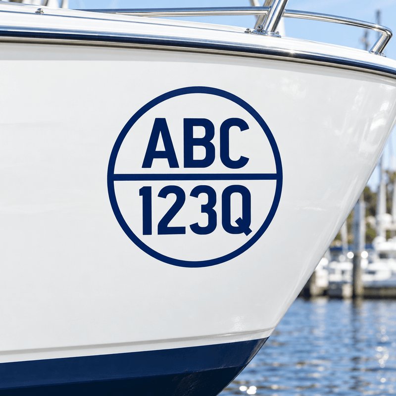 Navy cut-vinyl round boat registration decal on a white hull