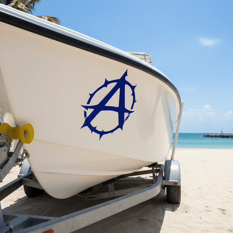 Gothic Thorn Anarchy Sticker Navy on fishing boat hull