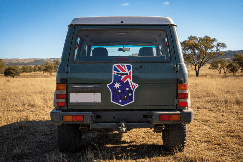 Ned Kelly sticker on 4x4 tailgate