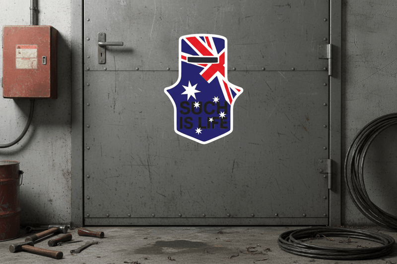 Ned Kelly sticker on workshop door