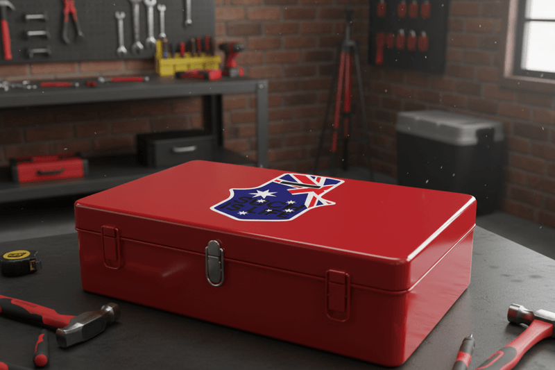 Ned Kelly sticker on workshop toolbox