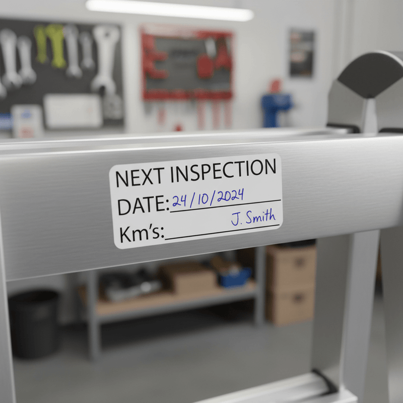 Next inspection sticker on aluminium ladder