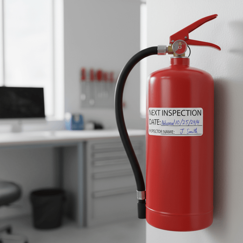 Next inspection sticker on red fire extinguisher