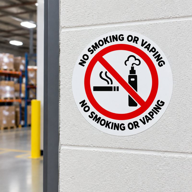 No smoking or vaping sticker in a warehouse