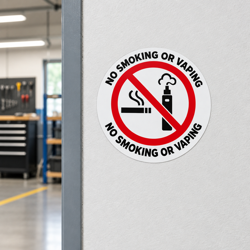 No smoking or vaping sticker in a workshop