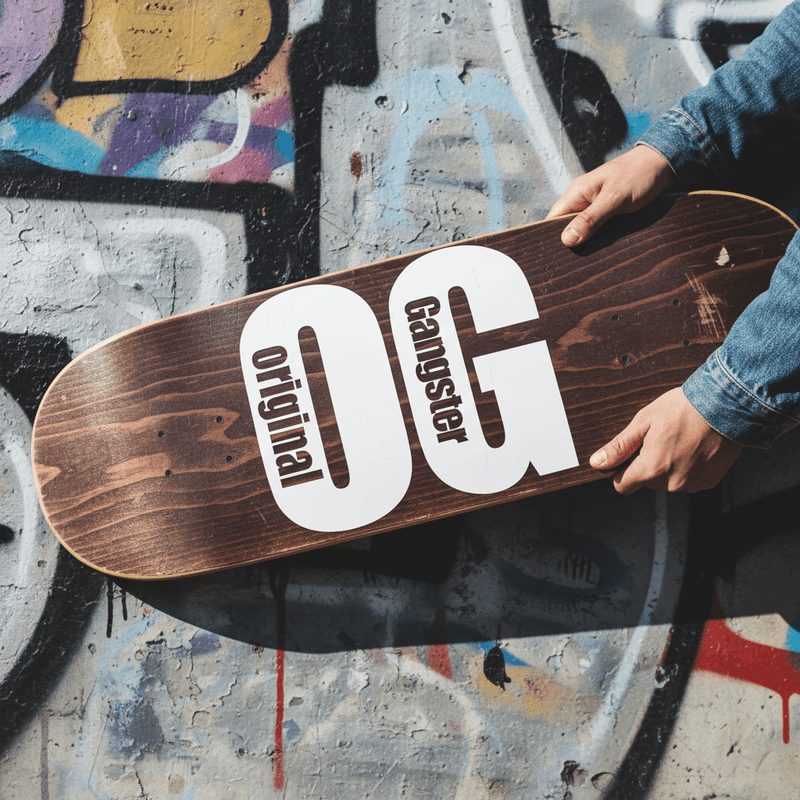 OG Original Gangster sticker on skateboard deck