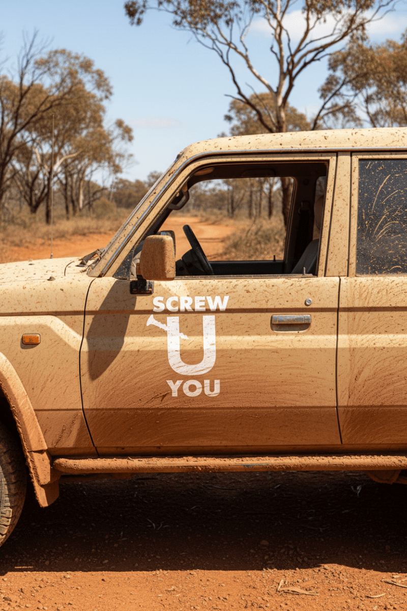 On muddy LandCruiser side panel