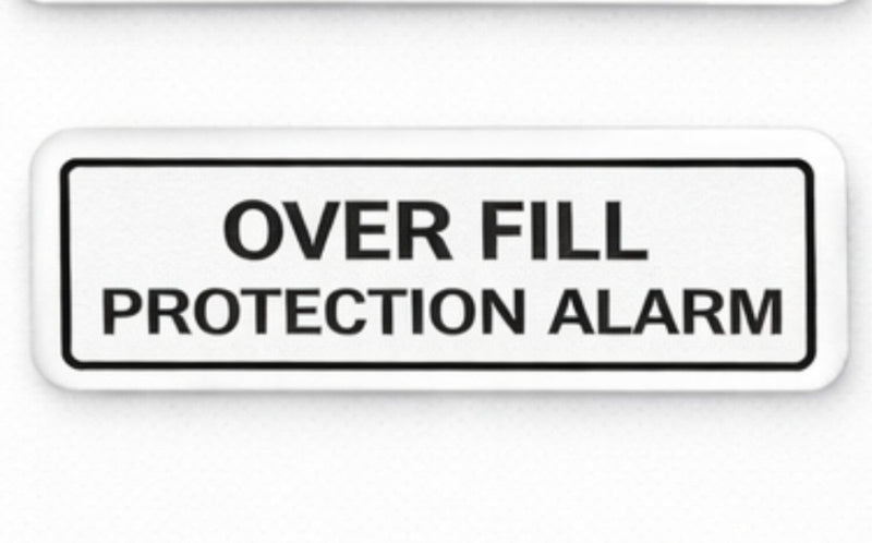 Over fill protection alarm label on a white background