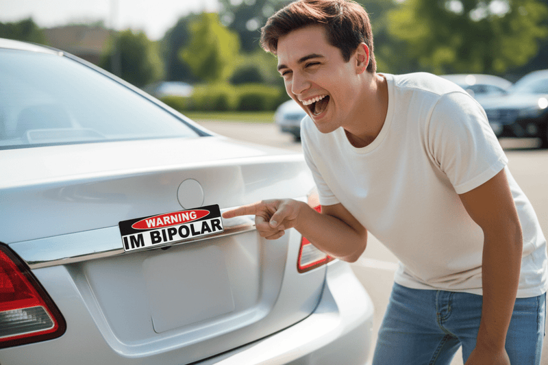 Person laughing at bipolar sticker