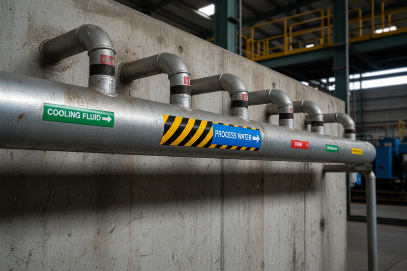 Pipe row with hazardous and content markers