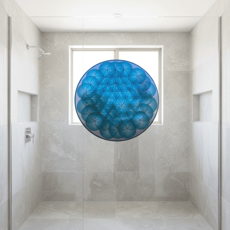 Pyramid optical illusion sticker on shower screen